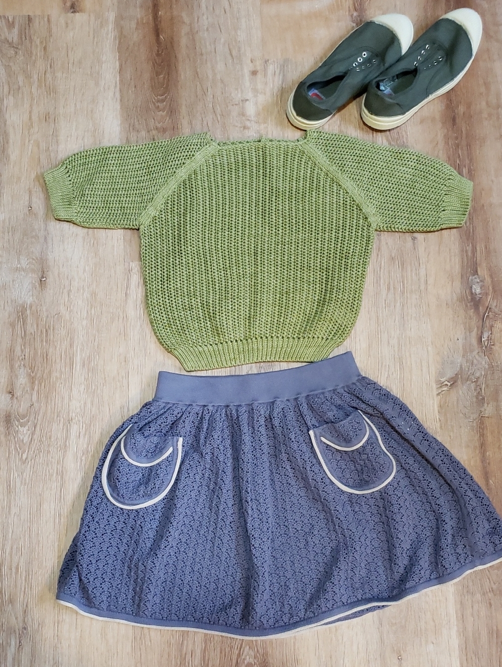 NWOT Misha & Puff Mid Sleeve Net Stitch Pima Cotton Sweater In "Celery", 4-5Y